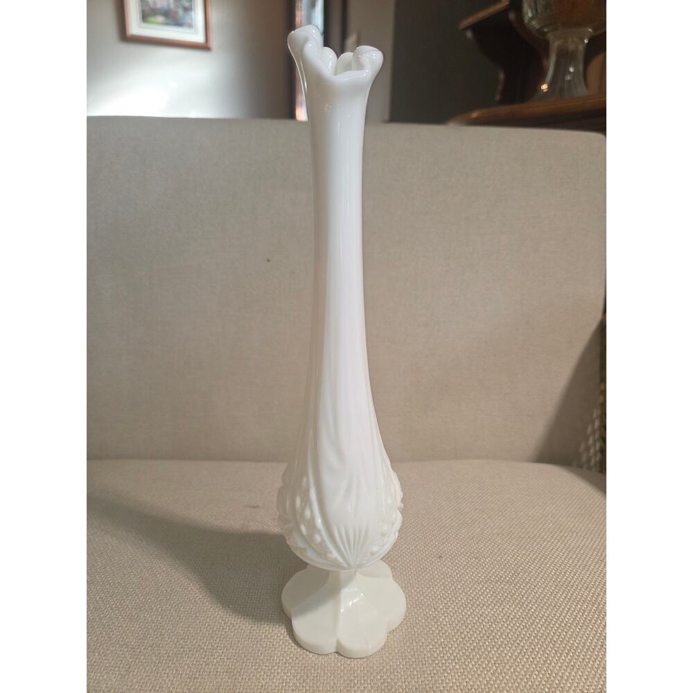 VTG Fenton White Milk Glass Cabbage Rose Swung Bud Vase 10.5"